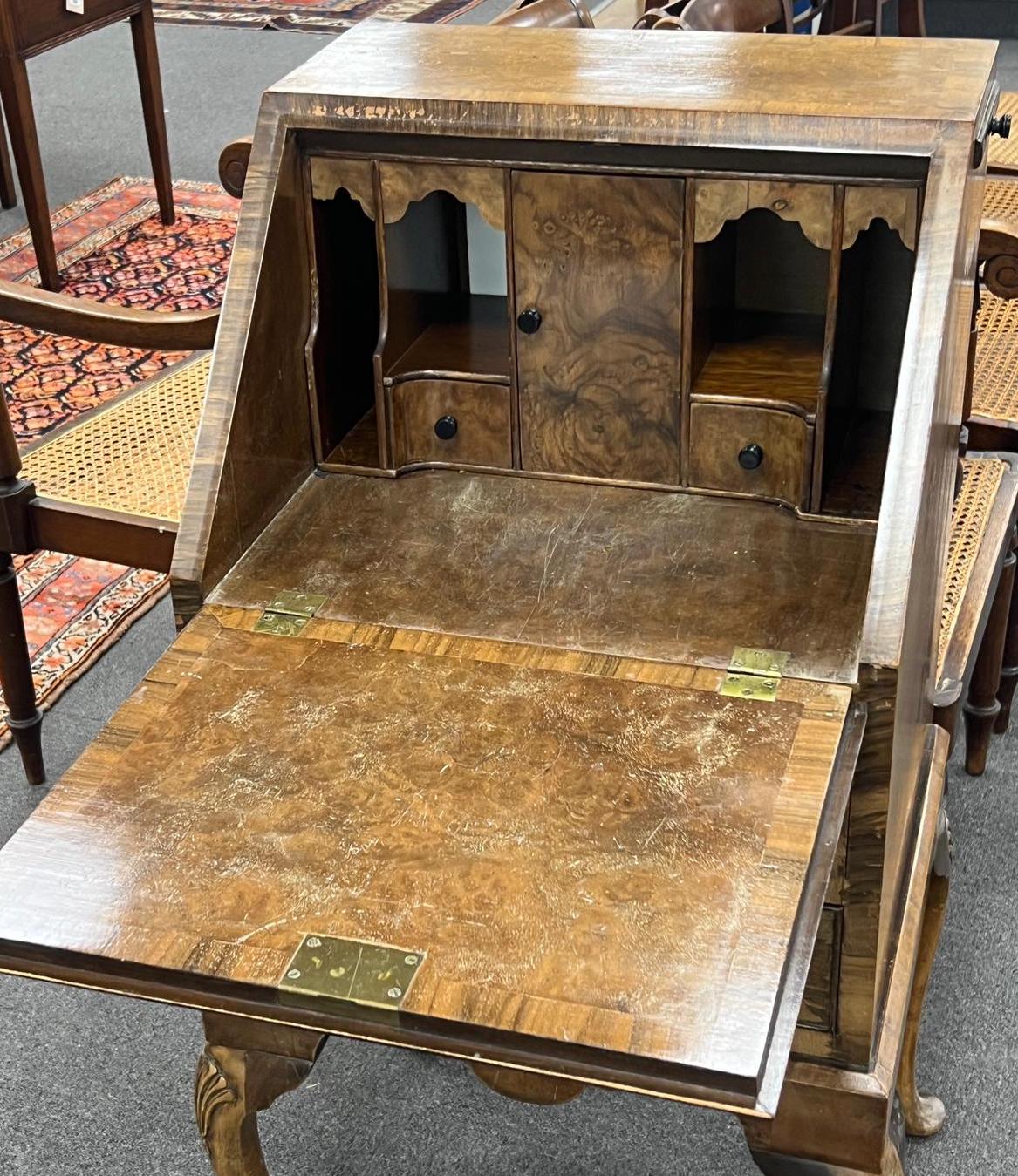 A small Queen Anne revival walnut and simulated walnut bureau, width 49cm, depth 43cm, height 101cm